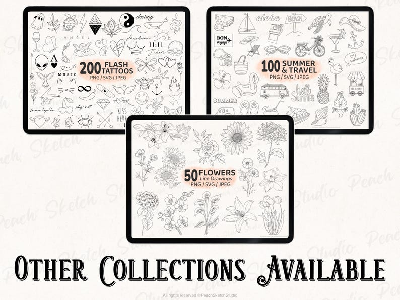 Other collections available from Peach Sketch Studio. The main listing image shown for ‘200 flash tattoo designs’, ‘50 fine line floral tattoo designs’ and ‘100 summer and travel doodle designs’.