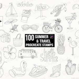 100 Summer Procreate Stamps, Travel Flash Tattoo Design Stencils, Procreate Brushes (Digital Download)