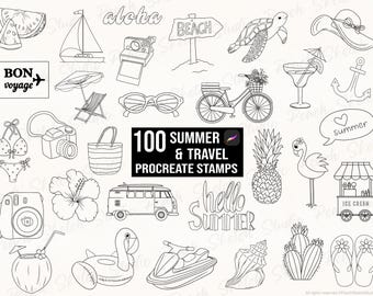 100 Sommer Procreate Stempel, Reise Tattoo Schablonen, Procreate Pinsel (Digitaler Download)