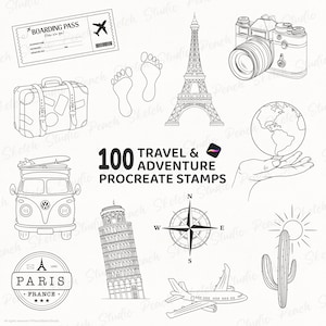 100 timbri Procreate per viaggi e avventure, set di pennelli per tatuaggi flash con linee artistiche (download digitale)