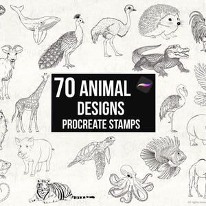 70 Animal Procreate-stempels: Wildlife Line Art Design stencilpenselen (digitale download)
