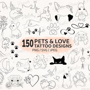 150 dessins d'animaux : SVG PNG JPEG Pet Love Flash Tattoo pochoirs (téléchargement numérique)