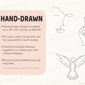 Listing image explaining hand-drawn Procreate stamps, created at 300 DPI. Text states designs can be resized, recolored, and combined, with personal and commercial use allowed. Three designs included, the dove, face line drawing and fingers crossed are shown beside text. Small easy fine line tattoo stencil designs.