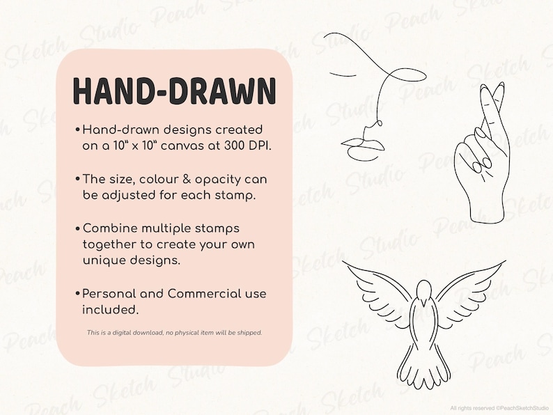 Listing image explaining hand-drawn Procreate stamps, created at 300 DPI. Text states designs can be resized, recolored, and combined, with personal and commercial use allowed. Three designs included, the dove, face line drawing and fingers crossed are shown beside text. Small easy fine line tattoo stencil designs.