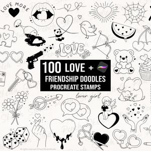 Könnte beinhalten: Schwarz-Weiß-Doodle-Illustrationen von Herzen, Lippen, einer Pistole, einem Panda, einem Vogel und anderen Bildern zum Thema Liebe. Der Text lautet "100 LOVE + FRIENDSHIP DOODLES PROCREATE STAMPS".