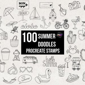 100 Procreate Summer Doodle Elements Bundle Stamps Brush Set, Tattoo Stencils, Vacation Illustrations, Procreate Brushes, Stamp Designs