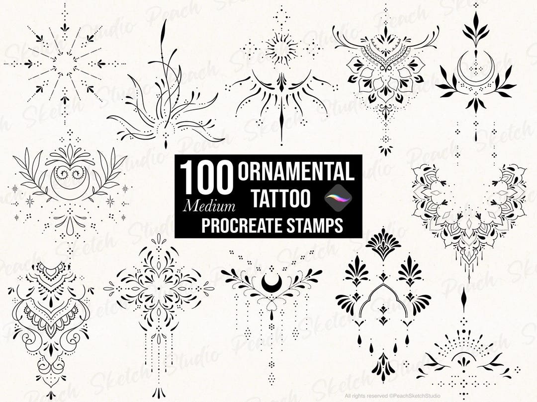 100 Ornamental Tattoo Procreate Stamps, Fine Line Tattoo Stencil ...