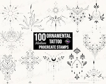 100 Ornamental Tattoo Procreate Stamps, Fine Line Tattoo Designs, Procreate Brushes (Digital Download)