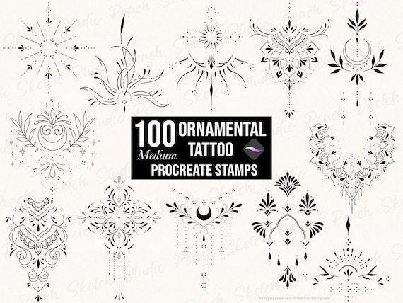 100 Ornamental Tattoo Procreate Stamps, Medium Fine Line Tattoo Designs, Ornate Stencils Procreate Brushes (Digital Download)