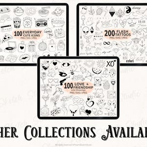A display of other image file design sets available in the store for Peach Sketch Studio. These include ‘100 everyday cute icons no doodles’, ‘200 flash tattoo designs’ and ‘100 love and friendship tattoo designs’.