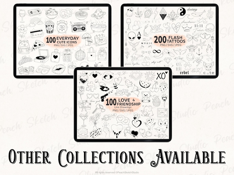 A display of other image file design sets available in the store for Peach Sketch Studio. These include ‘100 everyday cute icons no doodles’, ‘200 flash tattoo designs’ and ‘100 love and friendship tattoo designs’.