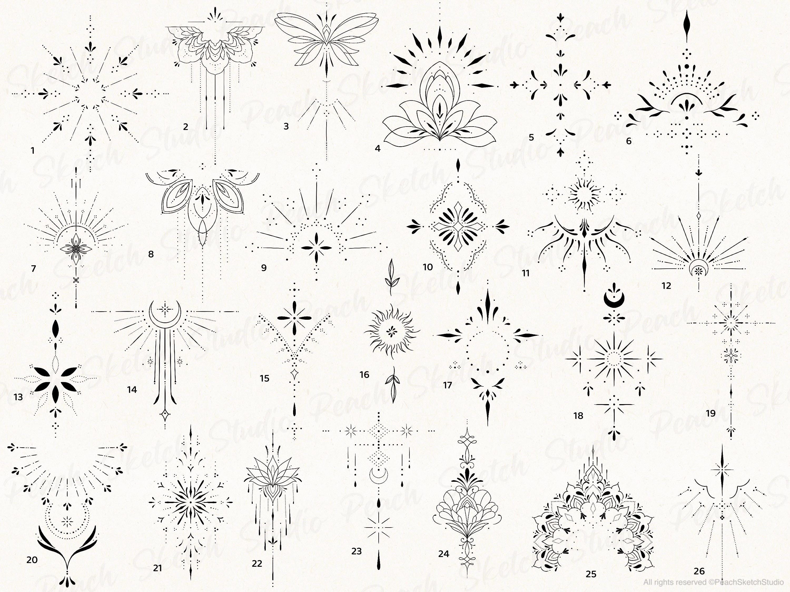 100 Ornamental Tattoo Procreate Stamps, Medium Fine Line Tattoo Designs ...