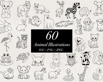 60 Animal Illustrations SVG, PNG & JPEG Clip Art Bundle, Fun Animal Line Drawings, Farm Animals Wildlife Pets Clip Art, Dog Cat Digital