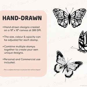 Listing image describing hand-drawn Procreate stamps. Text explains designs are created on a 10 by 10 inch canvas at 300 DPI, can be resized and adjusted in colour and opacity, and combined to create custom designs. Personal and commercial use allowed. Three butterfly stamp designs shown next to text.