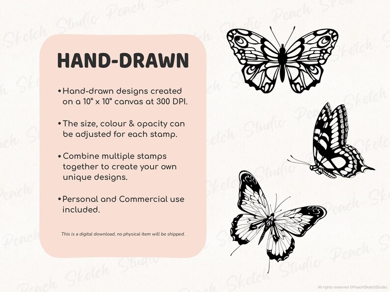 Listing image describing hand-drawn Procreate stamps. Text explains designs are created on a 10 by 10 inch canvas at 300 DPI, can be resized and adjusted in colour and opacity, and combined to create custom designs. Personal and commercial use allowed. Three butterfly stamp designs shown next to text.