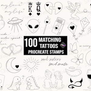 Może przedstawiać: Kolekcja 100 pasujących wzorów tatuaży, stempli Procreate, z różnymi ilustracjami w czarnej linii. Zawiera serca, korony, kosmitów, motyle i tekst, taki jak "my love, my life" i "soul sisters".