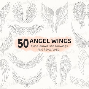 50 diseños de alas de ángel: SVG, PNG, JPEG, plantilla de tatuaje de línea fina (descarga digital)