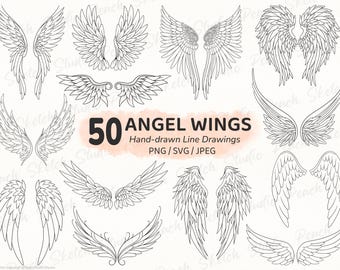 50 Angel Wing Designs, SVG PNG JPEG, Fine Line Tattoo Stencil, Hand Drawn Clipart (Digital Download)