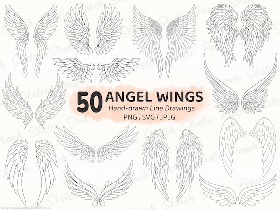 50 Angel Wing Designs, SVG PNG JPEG, Fine Line Tattoo Stencil, Hand Drawn Clipart (Digital Download)