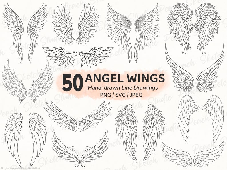 50 Angel wing line art designs in PNG, SVG and JPEG image format. Fine line hand drawn illustrations in black. 50 pairs of detailed wing tattoo stencil design. Digital Download.