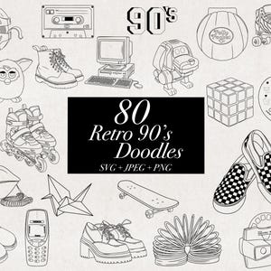 80 Retro 90's Old School Doodles Designs, JPEG PNG SVG, nostalgische Clip Art, Retro Line Art High Quality Cut Files digitaler Download