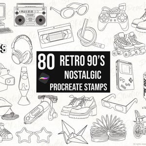 90-tals retro klotter Procreate-stämplar, nostalgiska linjekonstdesigner 80 stämpelpenslar (digital nedladdning)