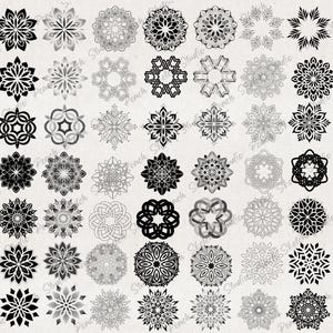 A collection of 64 black and white mandala designs. The mandalas are arranged in a grid pattern and are all different sizes and shapes. The mandalas are all intricate and detailed, and some have a gradient effect.