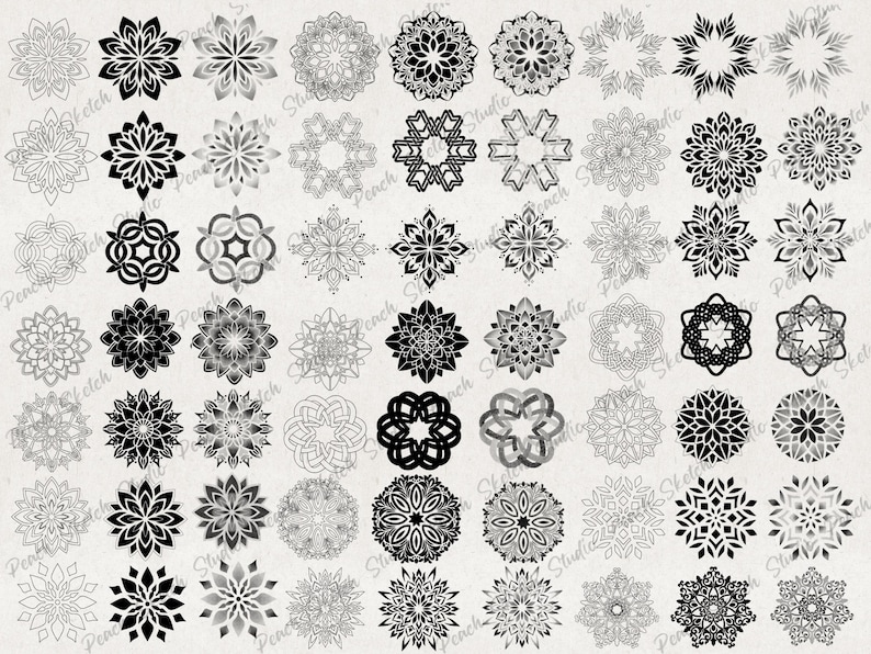 A collection of 64 black and white mandala designs. The mandalas are arranged in a grid pattern and are all different sizes and shapes. The mandalas are all intricate and detailed, and some have a gradient effect.