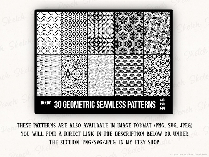 These brush pattern designs are also available in PNG, SVG and JPEG image format which you can find in the shop for Peach Sketch Studio or through the link in the description here. The main listing image for the image files collection is shown here with text below on how to find them.