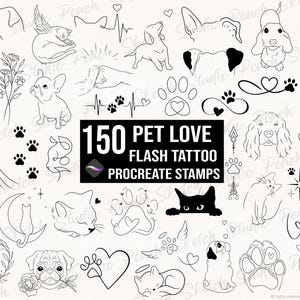 150 Animal Doodles Procreate Stamps, Pet Love Designs Flash Tattoo Stencils Brushes (Digital Download)
