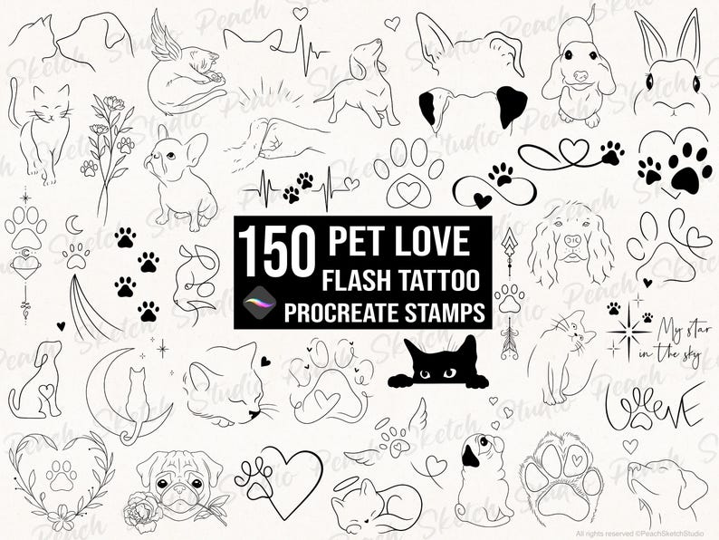 Procreate Brush stamps set of 150 Pet Doodle Flash Tattoo Designs’. Hand drawn line art illustrations of various cats, dogs, paw prints, hearts, infinity symbols, pet memorial icons. The designs are simple black doodles with affectionate pet and love themes.