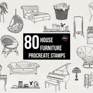 80 Procreate House Furniture Stamp Brushes, Interior Design, House Objects, Sofa Chair Furniture Sketch Bed Table Instant Digital Download