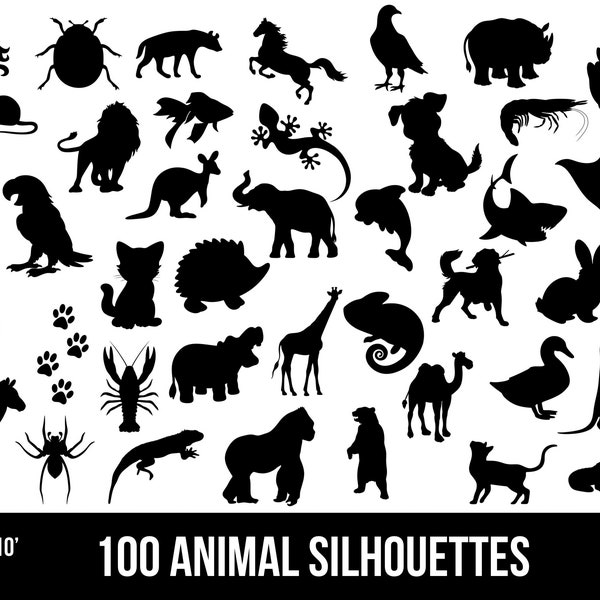 100 Animal Silhouette SVG, PNG & JPEG Clip Art Bundle, Pets Wild Farm Animal Shapes Animal Cut Files Clip Art, Cat Dog Svg Digital Download