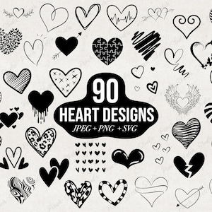 90 Love Heart Designs: PNG SVG JPEG Love Clip Art Doodles (Digital Download)