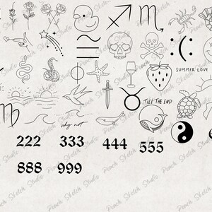 A selection of the tattoo designs included are shown at random across the page with black fine lines. Original, hand drawn and high quality designs. They have clear lines and designs include zodiac designs, celestial elements, numbers, snakes, skulls, floral line art. Perfect for flash patchwork tattoo sheets. These Procreate Brush Stamps can be used in tattoo stencils, templates, website branding & illustration, scrapbooking, stickers and many other creative craft projects.