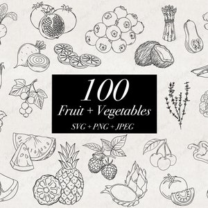 100 fruits et légumes SVG PNG JPEG Bundle illustrations, fruits tropicaux, dessinés à la main, nourriture de haute qualité Clip Art Bundle, téléchargement numérique