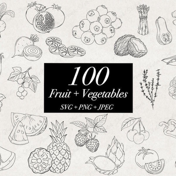 100 Fruit & Vegetable SVG PNG JPEG Bundle Illustrations, Tropical Fruits, Hand Drawn, High Quality Food Clip Art Bundle, Digital Download