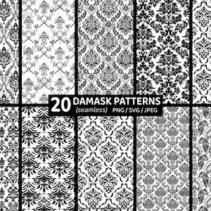20 Damask Seamless Patterns: PNG JPEG SVG, Floral Botanical Pattern Designs, Hand Drawn (Digital Download)