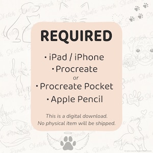 Listing image showing requirements for a digital Procreate download: iPad or iPhone, Procreate or Procreate Pocket, and Apple Pencil. Notes that this is a digital product with no physical item shipped. Faded background with designs included.