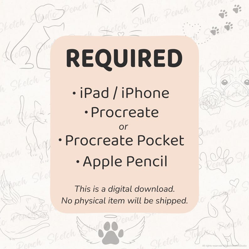 Listing image showing requirements for a digital Procreate download: iPad or iPhone, Procreate or Procreate Pocket, and Apple Pencil. Notes that this is a digital product with no physical item shipped. Faded background with designs included.