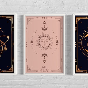 Juego de 3 impresiones artísticas de pósteres de luna, sol y estrellas, cartas del tarot, arte de pared místico, arte azul y rosa, celestial, decoración del hogar, arte bohemio, descarga digital