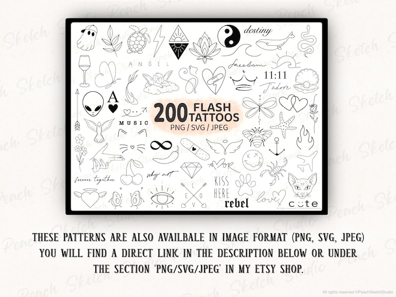 These designs are also available in PNG, SVG and JPEG image format which you can find in the shop for Peach Sketch Studio or through the link in the description here, shown in text below a preview image for the main listing photo for the image files collection.
