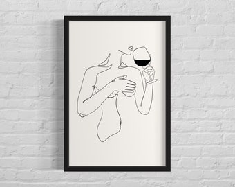 Wine Line Art Print Woman Drinking Wine Wall Art, Outline, Minimalistic Feminine, Wall Home Decor, Modern, Kitchen Art Digital Art Download