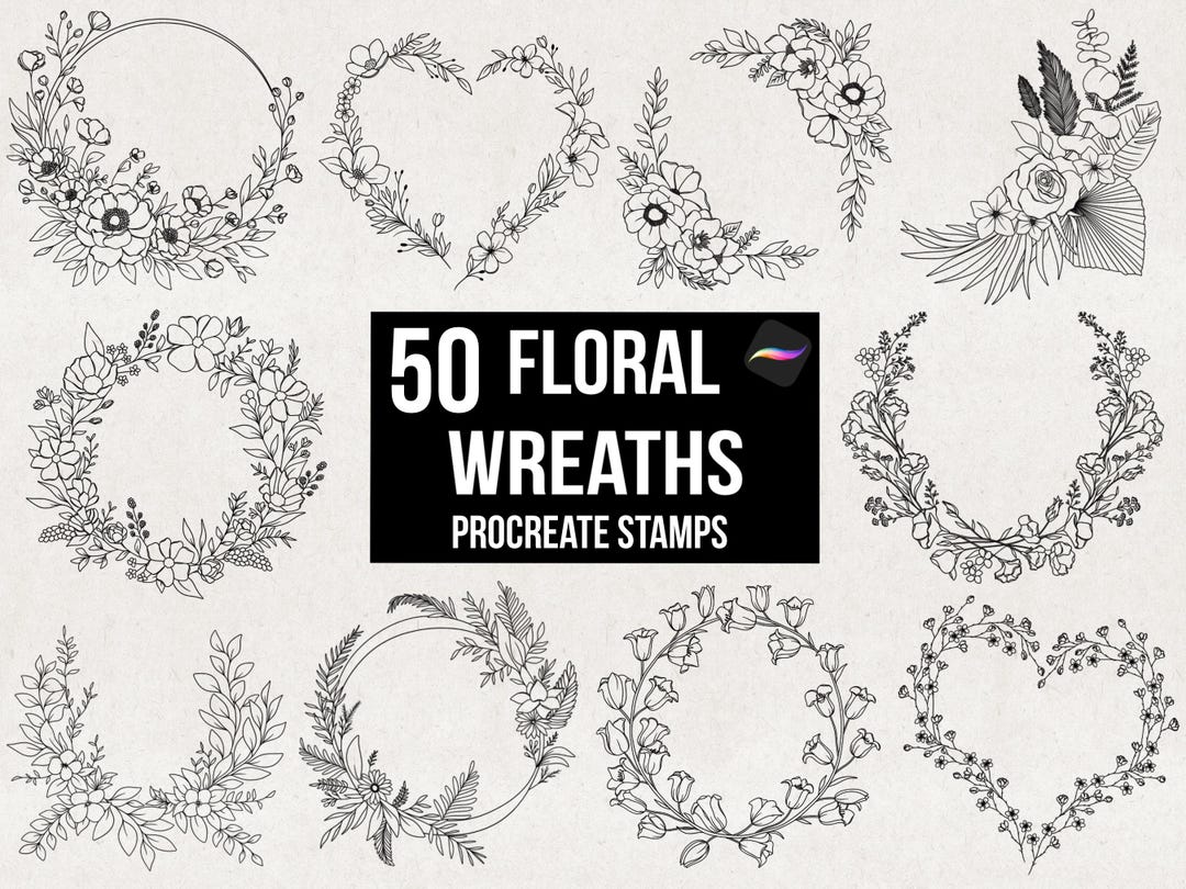 50 Procreate Floral Wreath Stamp Brushes, Detailed Botanical Flower ...