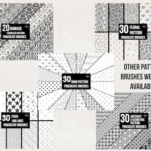 Pode incluir: Um conjunto de 30 pinc&eacute;is Procreate com padr&otilde;es geom&eacute;tricos em preto e branco. Os pinc&eacute;is est&atilde;o organizados em quatro categorias: Damasco, Floral, Boho e Abstrato e Geom&eacute;trico. A imagem tamb&eacute;m inclui texto que diz "Outros pinc&eacute;is de padr&otilde;es que temos dispon&iacute;veis".