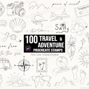 100 sellos de viaje y aventura para Procreate, diseño de tatuajes de líneas finas, pinceles para Procreate (descarga digital)