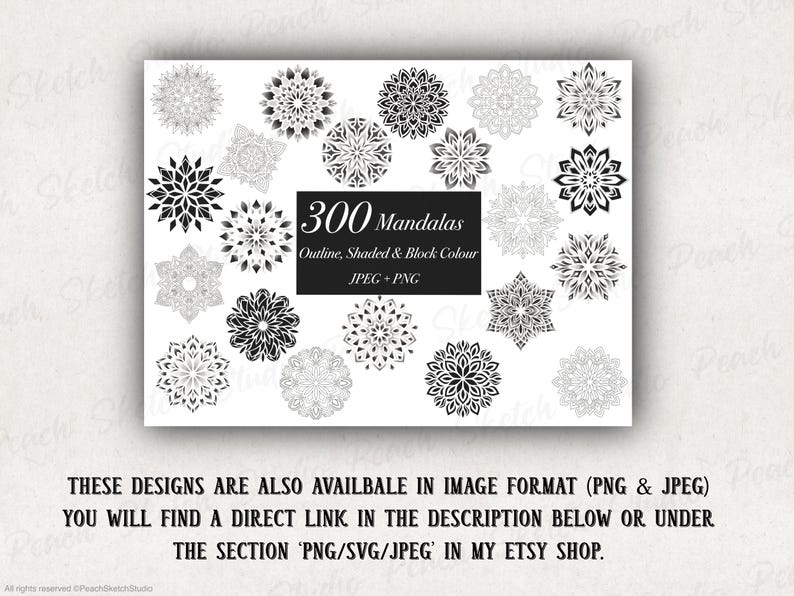 These designs are also available in PNG and JPEG Image format which you can find in the shop for Peach Sketch Studio or through the link in the description here.