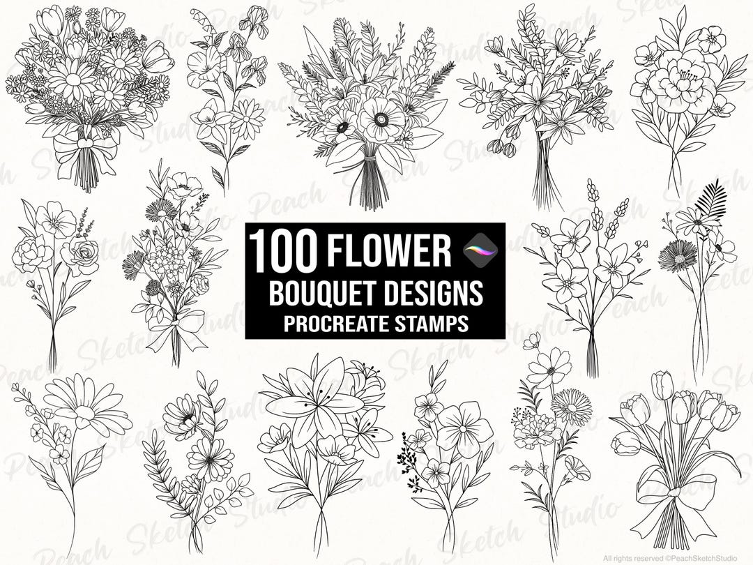 100 Flower Bouquet Procreate Stamps, Floral Fine Line Botanical Designs ...