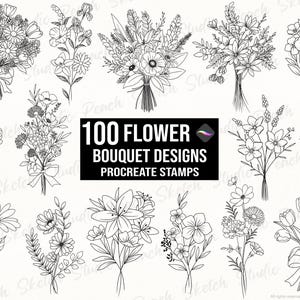 100 Flower Bouquet Procreate Stamps: Floral Fine Line Botanical Procreate Brushes (Digital Download)