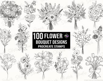 100 Flower Bouquet Procreate Stamps, Floral Fine Line Botanical Designs, Procreate Brushes (Digital Download)